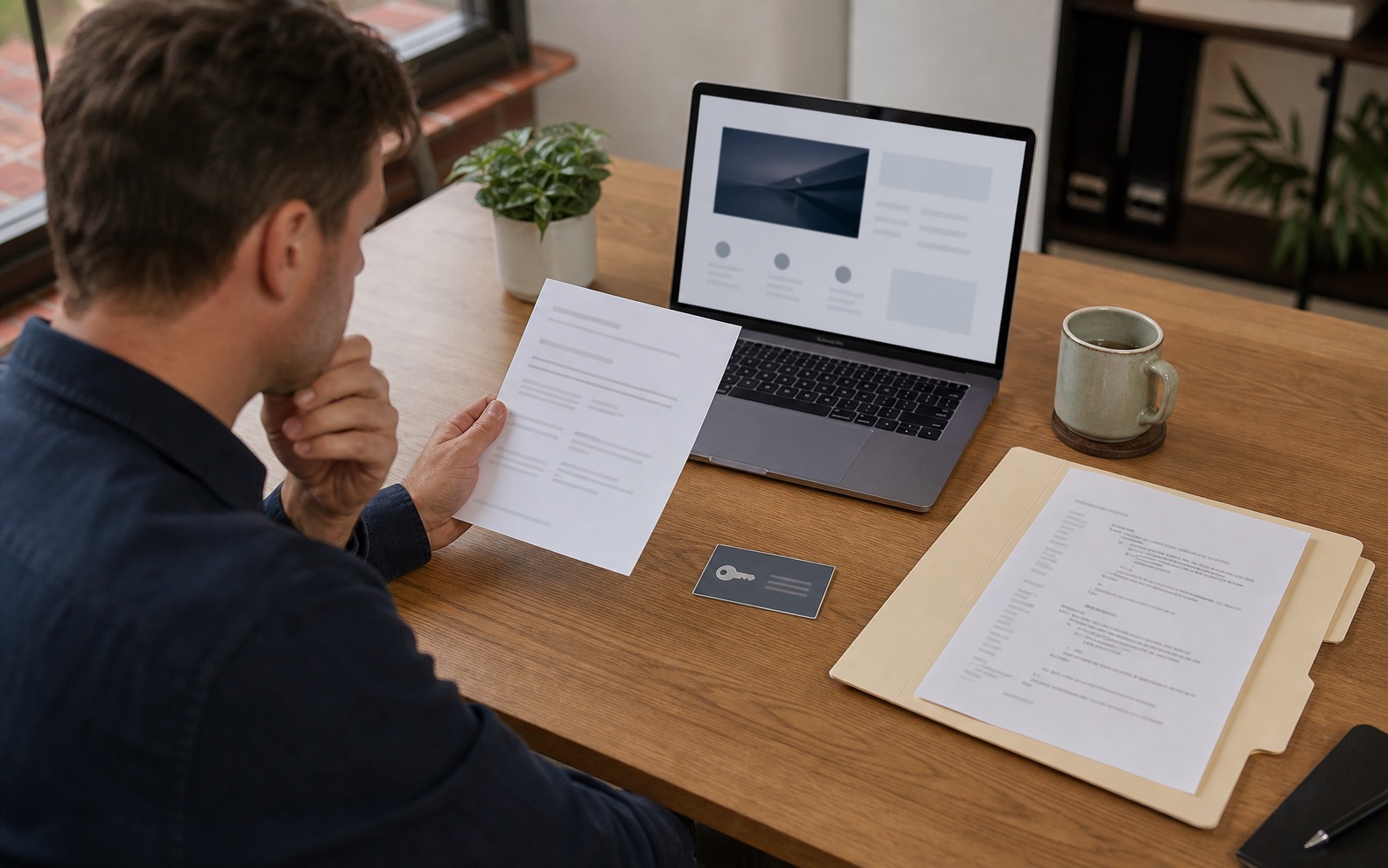 A business owner reviewing website handover documents, source code notes and access details beside a laptop