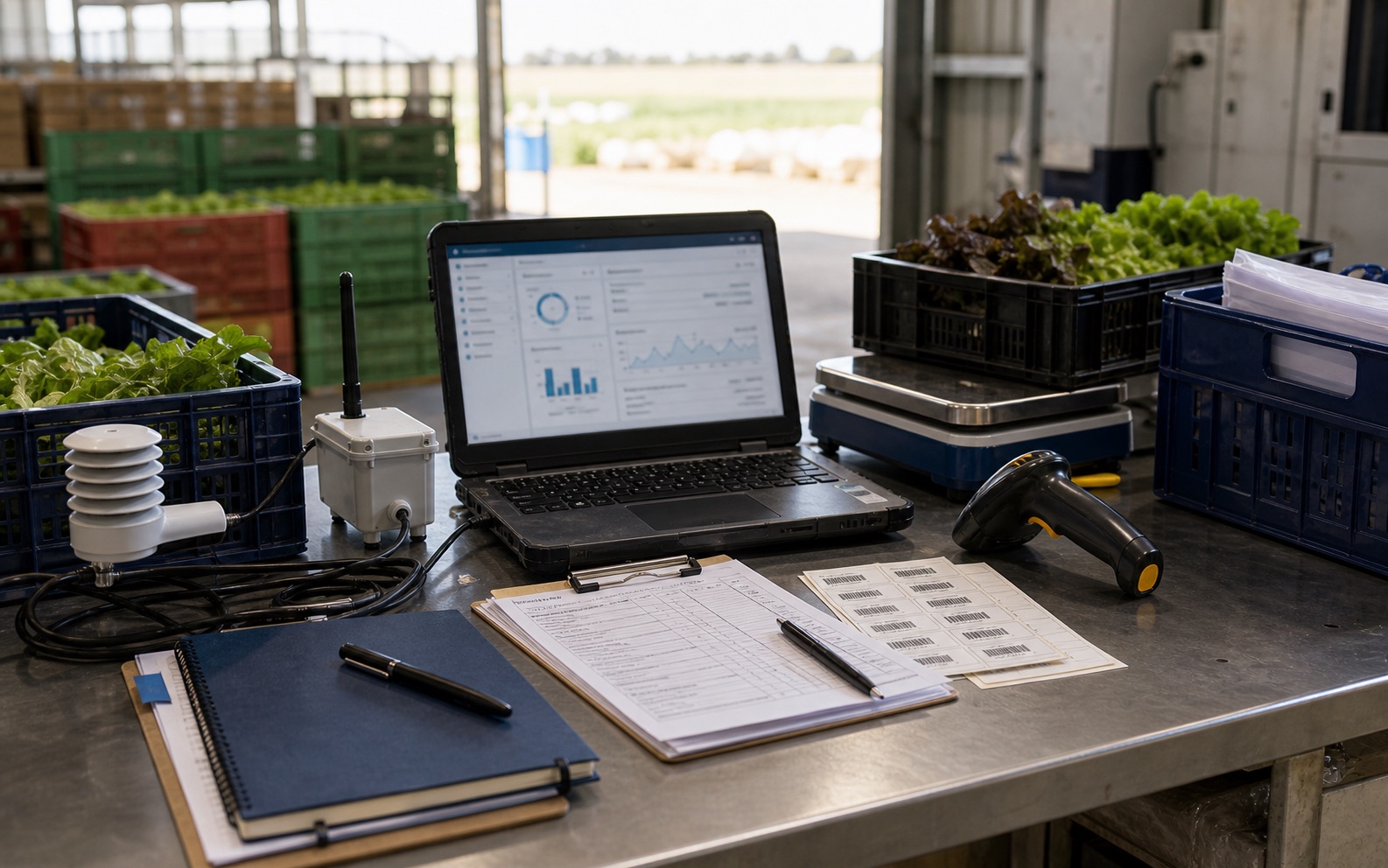 Farm sensor equipment, stock records and a laptop on a packing shed bench in Queensland