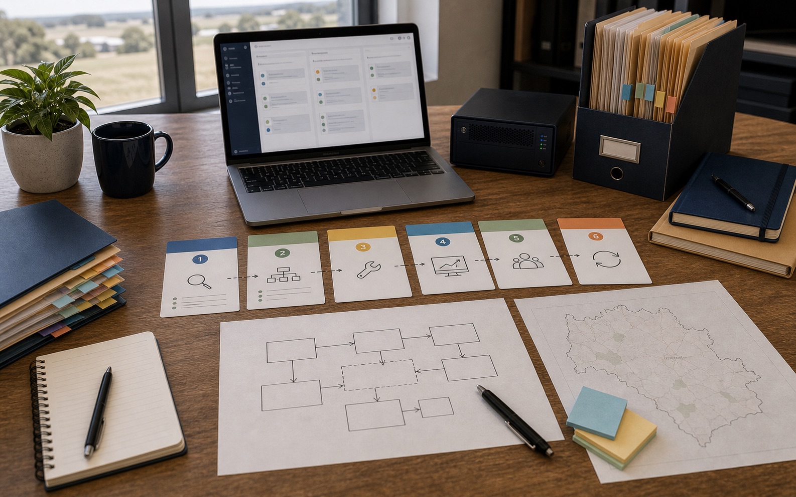 A regional business planning desk with staged AI adoption notes and process cards