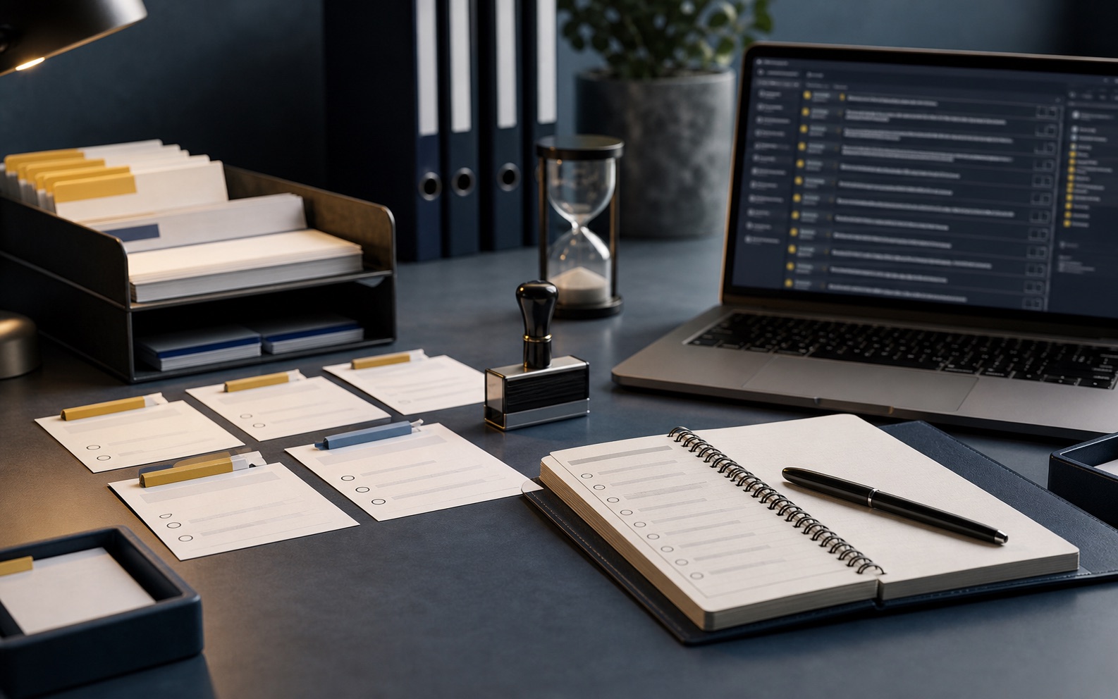 An operations desk with task cards, approval stamps and a laptop showing an unreadable workflow interface