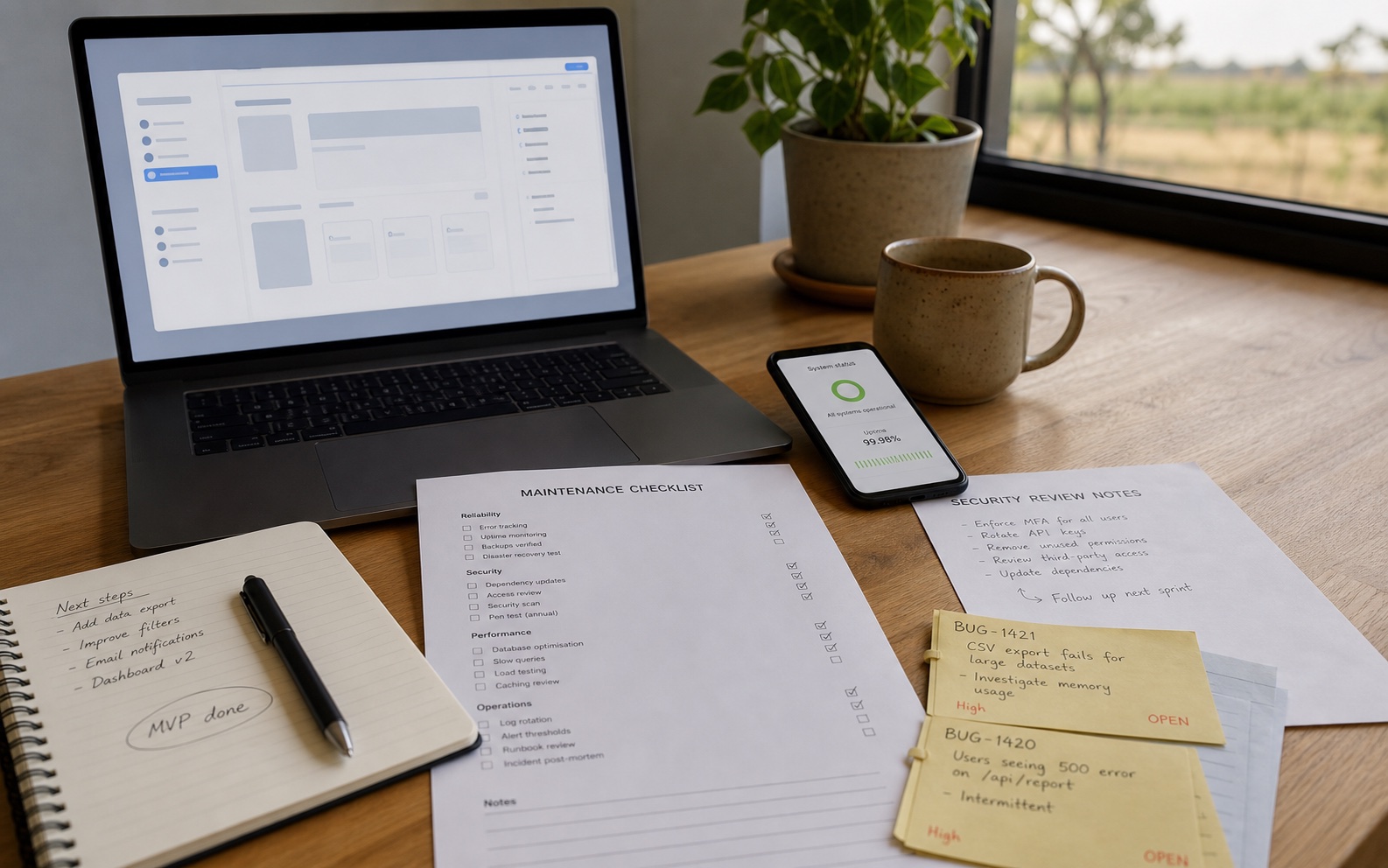 A laptop prototype beside a maintenance checklist, security notes, uptime monitor and bug tickets