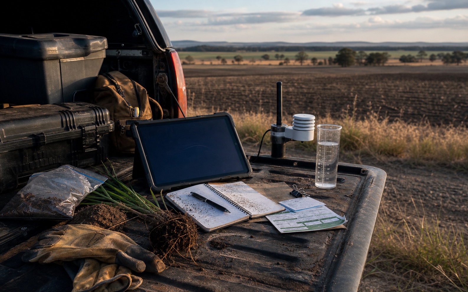 Darling Downs farmland with a tablet, soil notes and sensor equipment on a ute tailgate