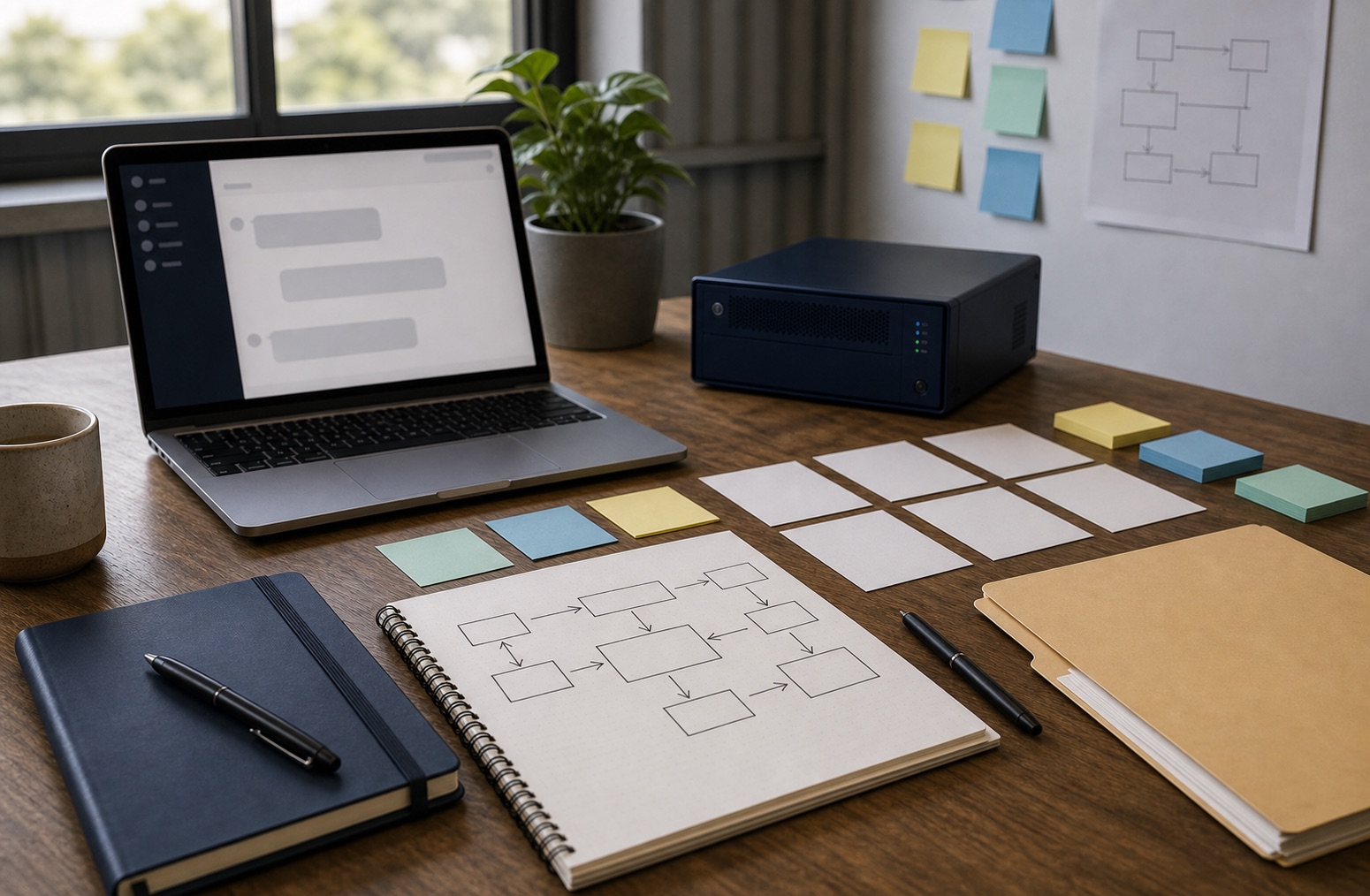 A business planning desk with AI notes, process cards and a laptop for an early AI strategy conversation
