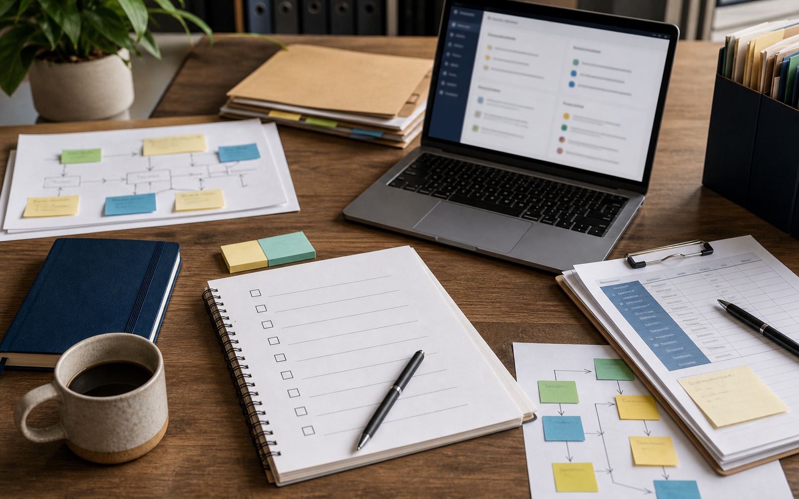 A Queensland business planning table with checklists, process notes and a laptop for AI readiness review