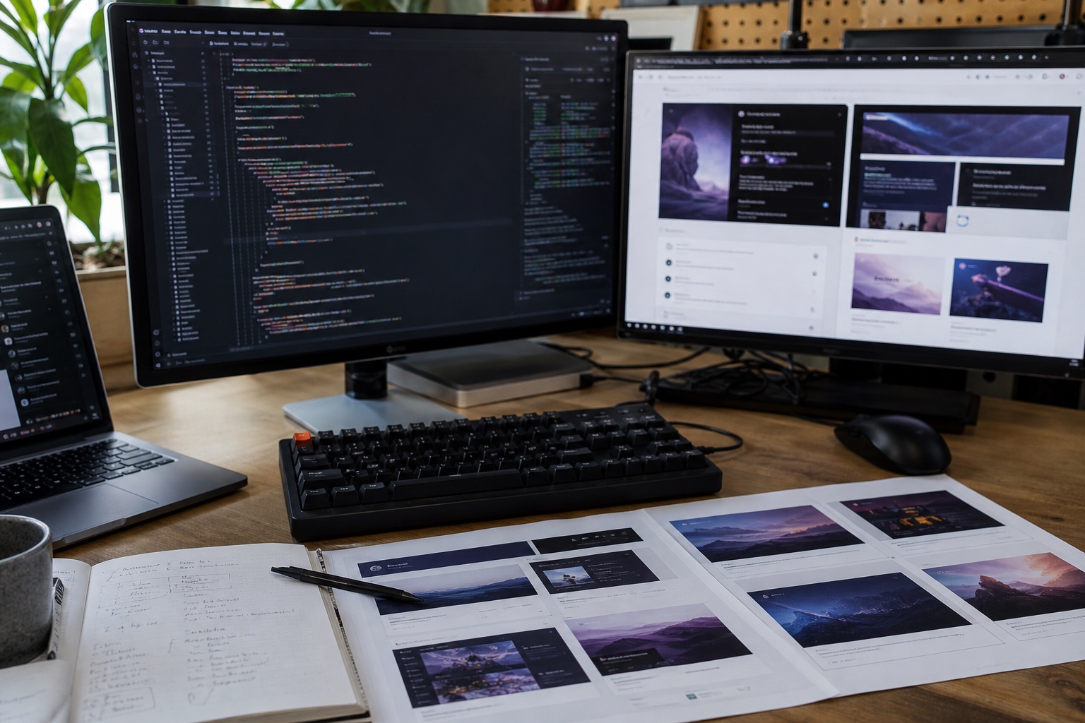 A developer workstation comparing code, rendered interface screens and printed visual review notes