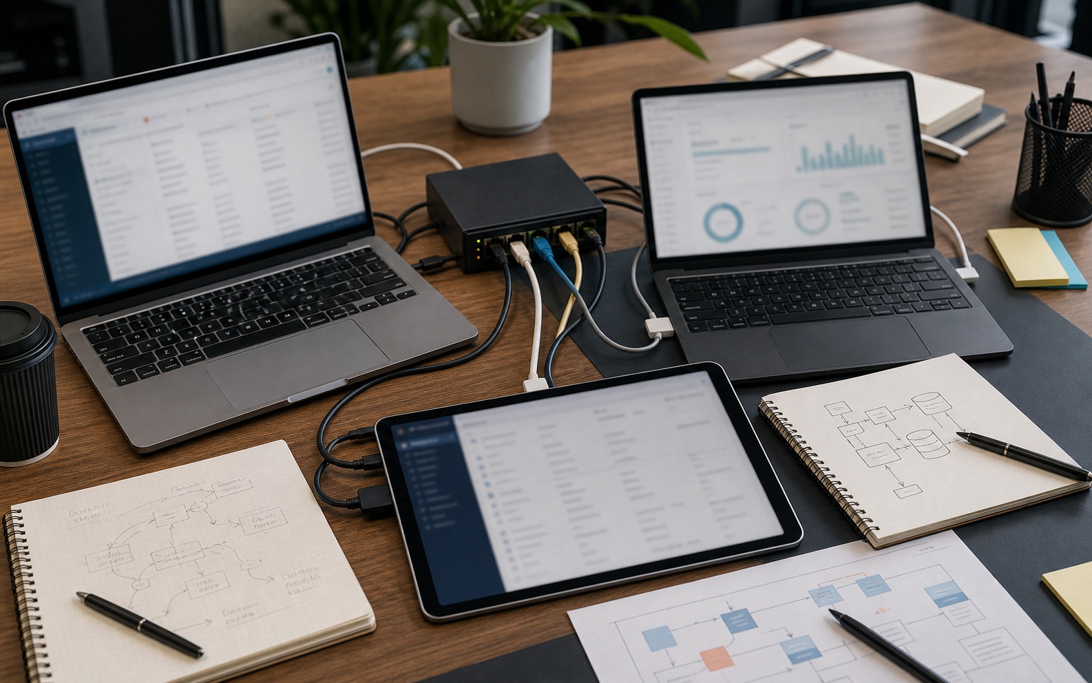 Cables, notebooks and business systems represented by connected devices on a practical operations desk