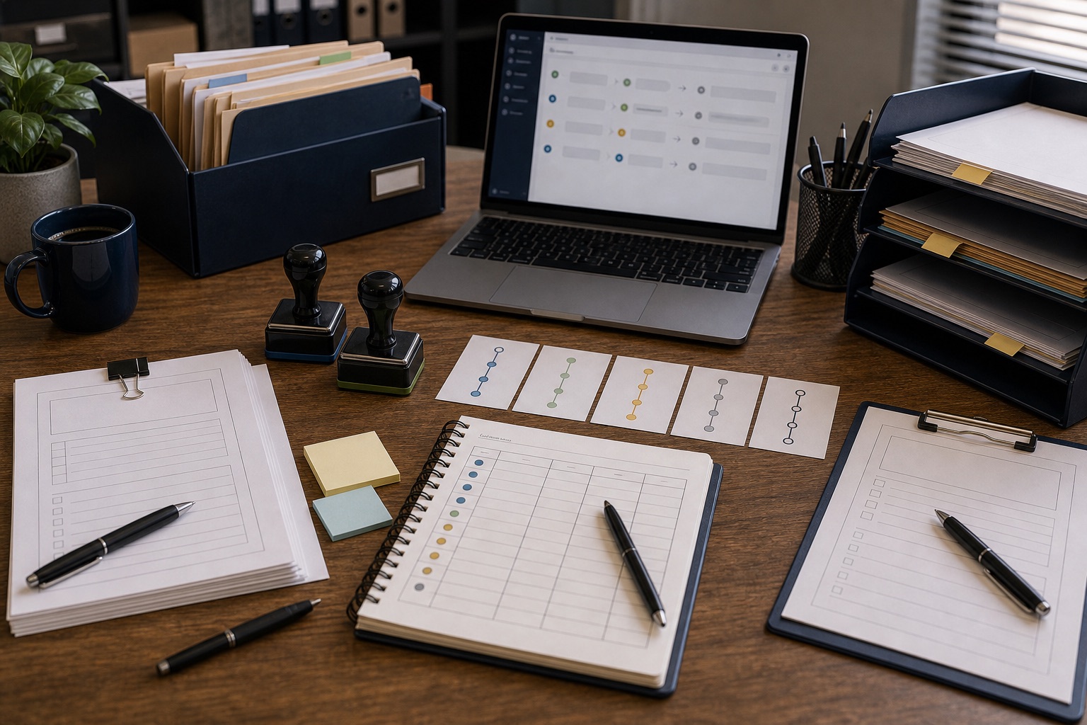 Approval forms, audit trail records and workflow stamps arranged on an office table