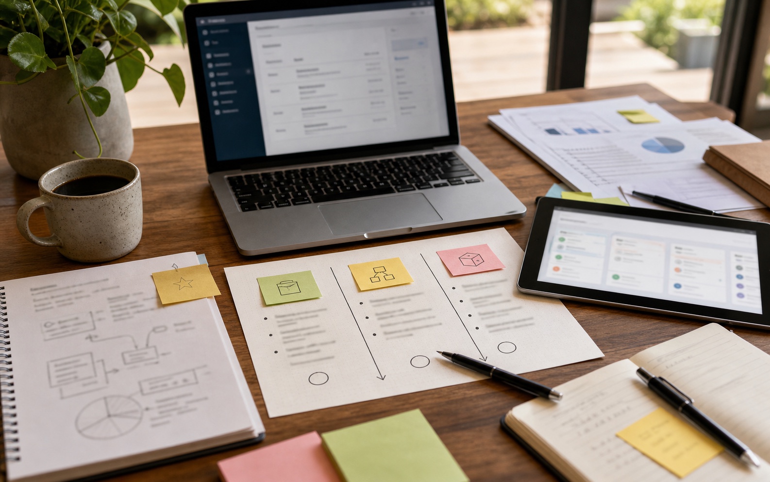 A software selection desk with CMS and CRM planning notes, a laptop dashboard and decision cards without readable text