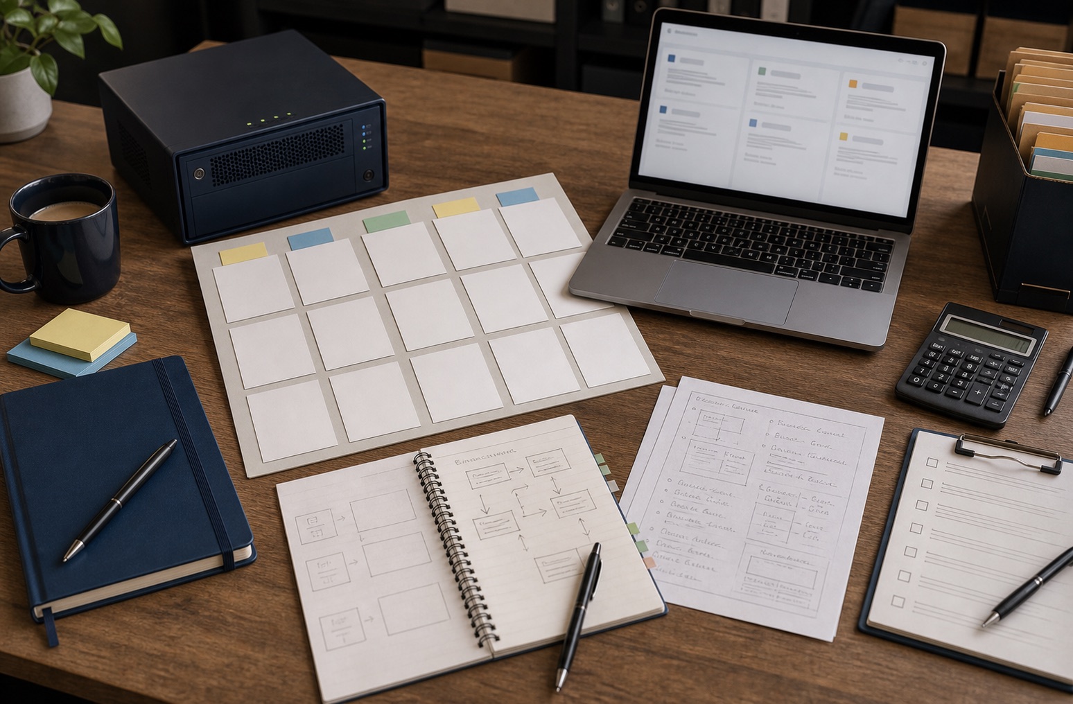 A workbench with model evaluation notes, hardware and unreadable test outputs for an AI selection process