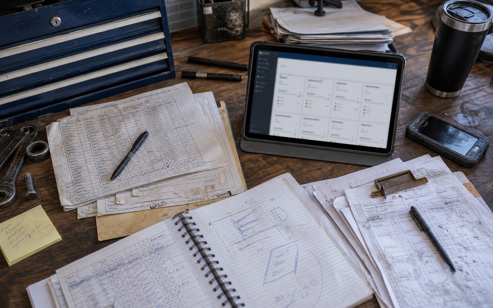 A spreadsheet printout beside a tablet business app and handwritten job notes on a Toowoomba workshop bench