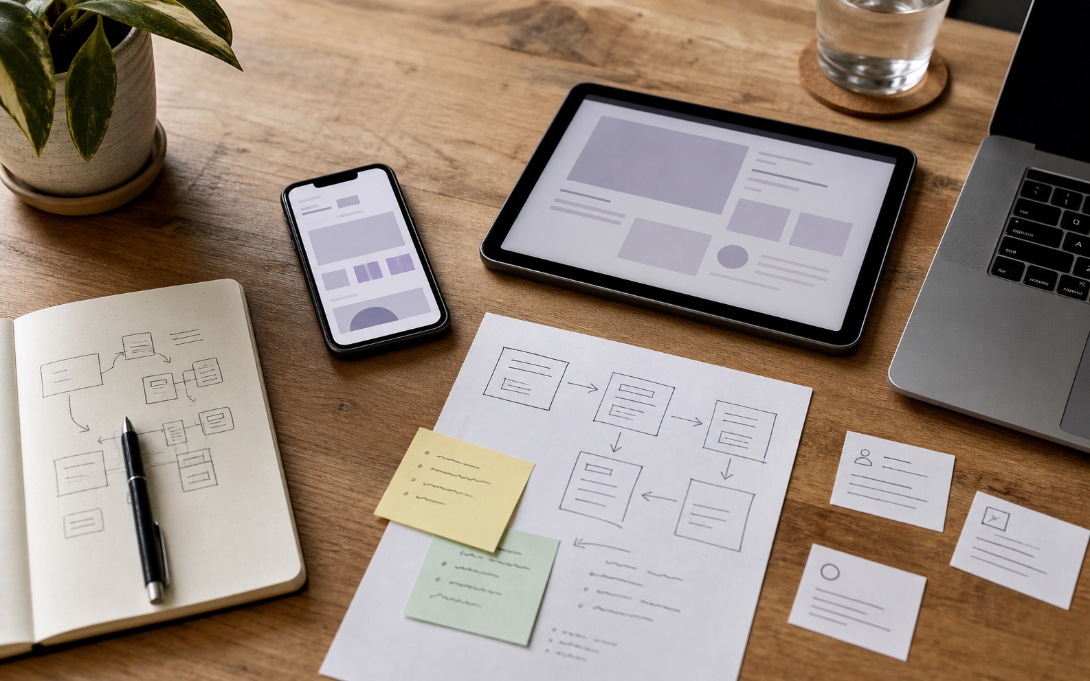 A phone app prototype, tablet wireframes and workflow notes arranged on a small business planning desk