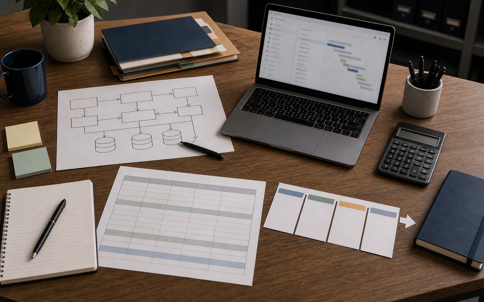 Software planning documents, budget notes and architecture sketches on an Australian business desk