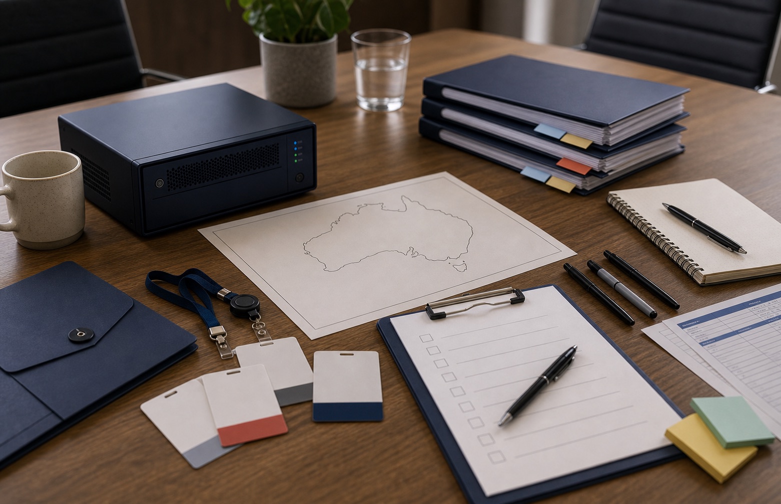 Australian data governance documents, server hardware and access control notes on a boardroom table
