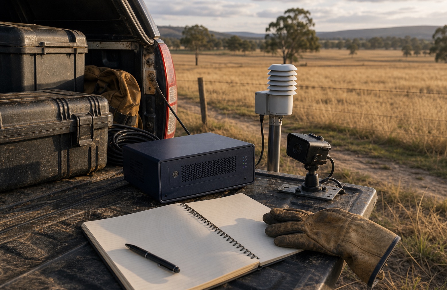 A rugged field device on a ute tailgate with sensors and paddocks in the background