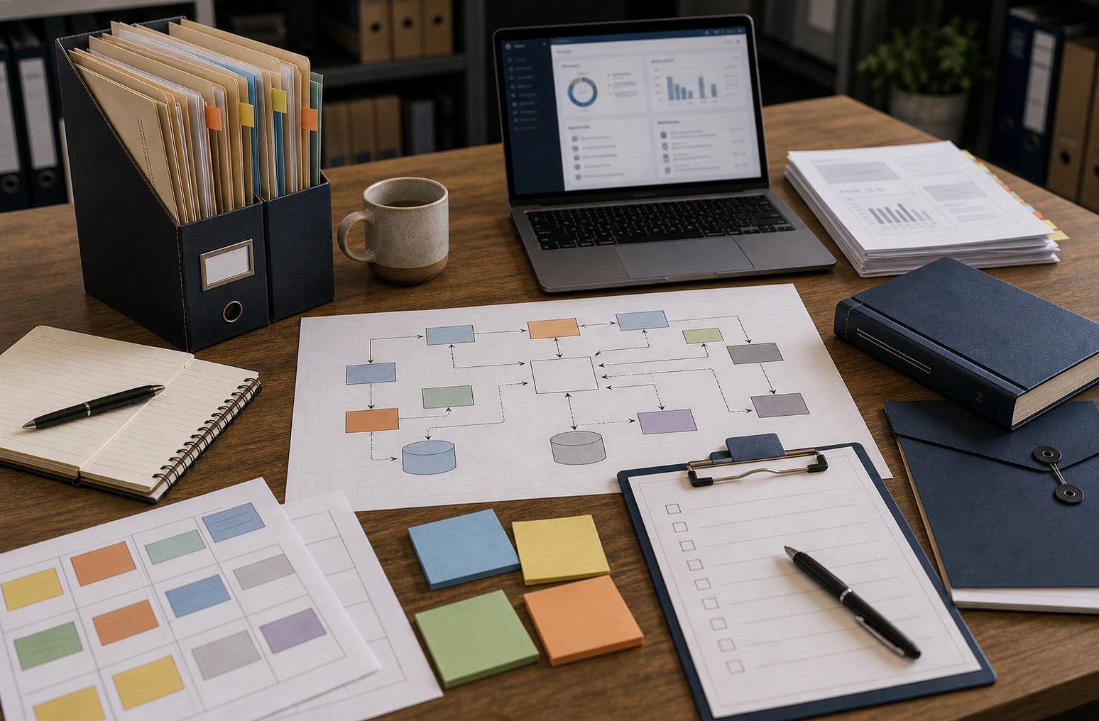 ERP reports, integration diagrams and business process notes spread across an operations table
