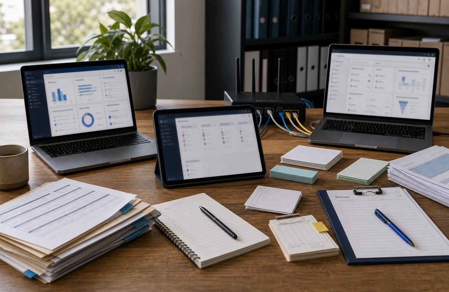 Accounting records, CRM notes and job cards arranged around connected business software on a desk