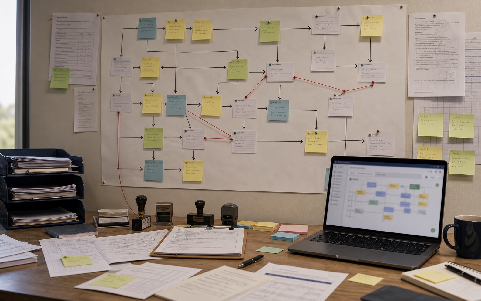 A wall process map with sticky notes, approval stamps and workflow diagrams in a regional office
