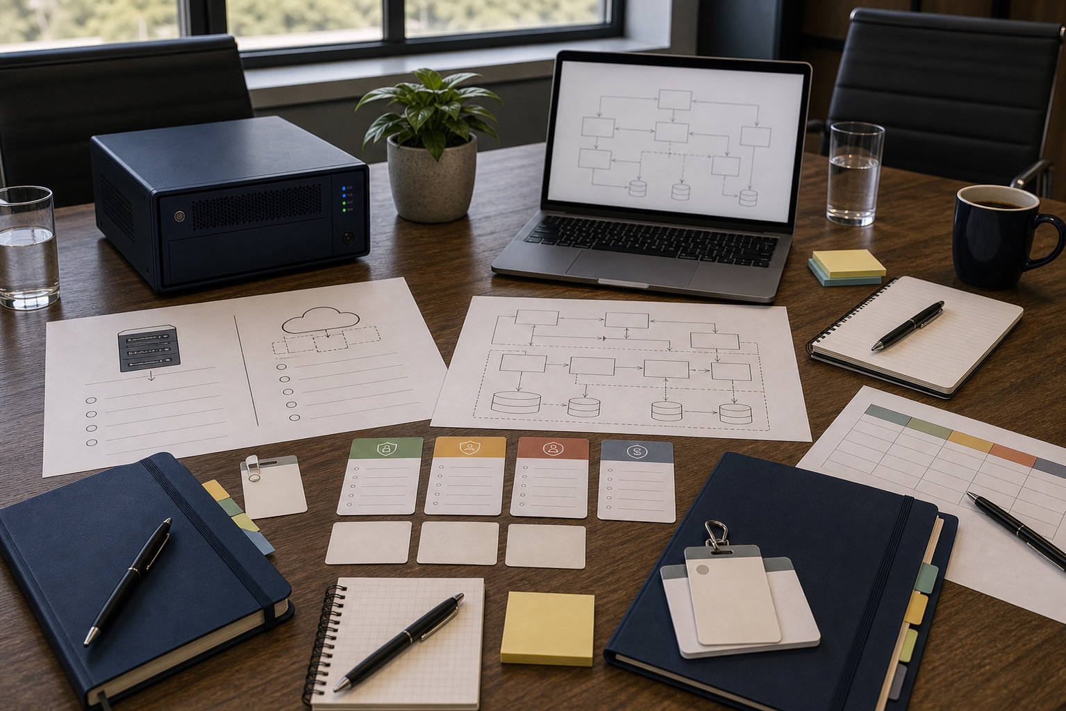 Local server hardware and cloud architecture notes on an Australian boardroom table
