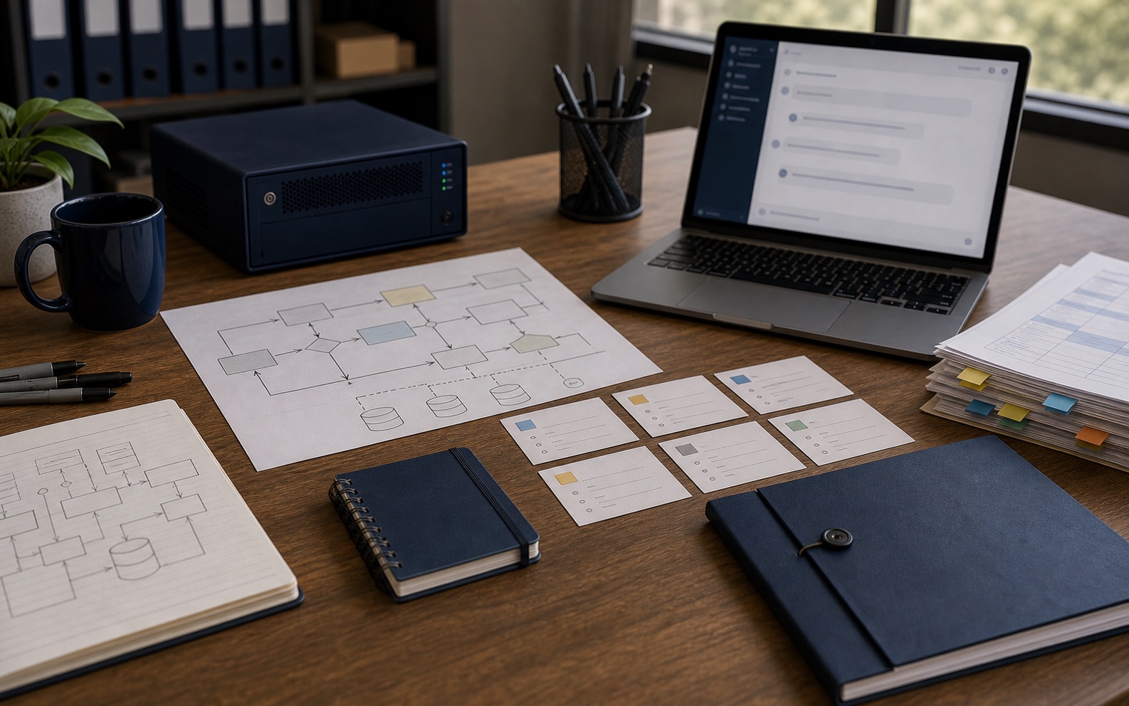 A prompt notebook beside process maps, data access notes and system architecture sketches