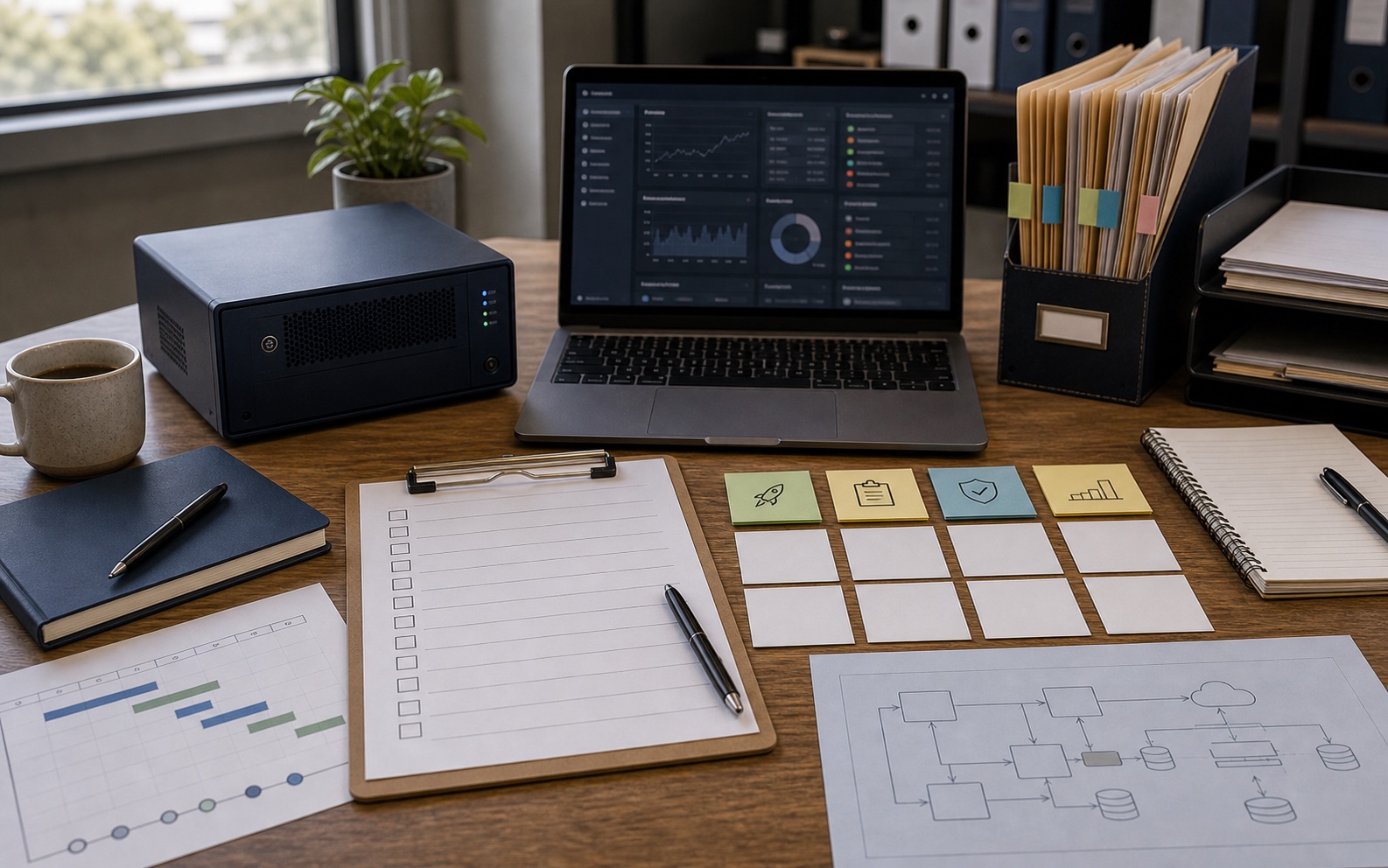 A production AI deployment checklist with monitoring screens, source documents and engineering notes