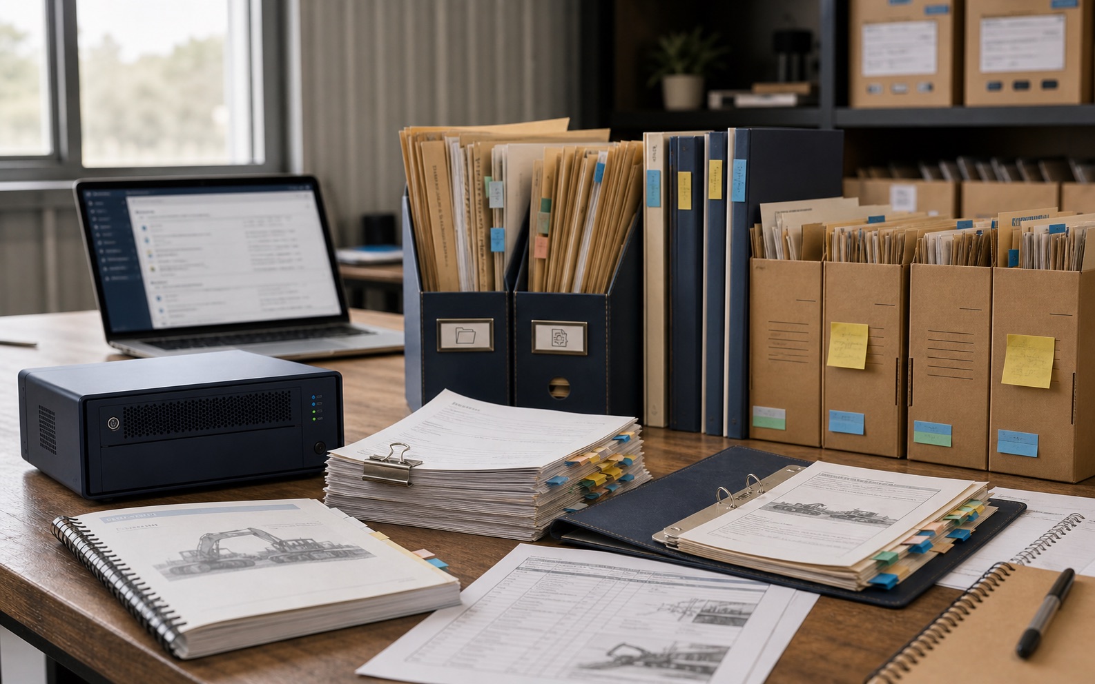 Archive boxes, policy folders and a local server arranged as a searchable regional knowledge base