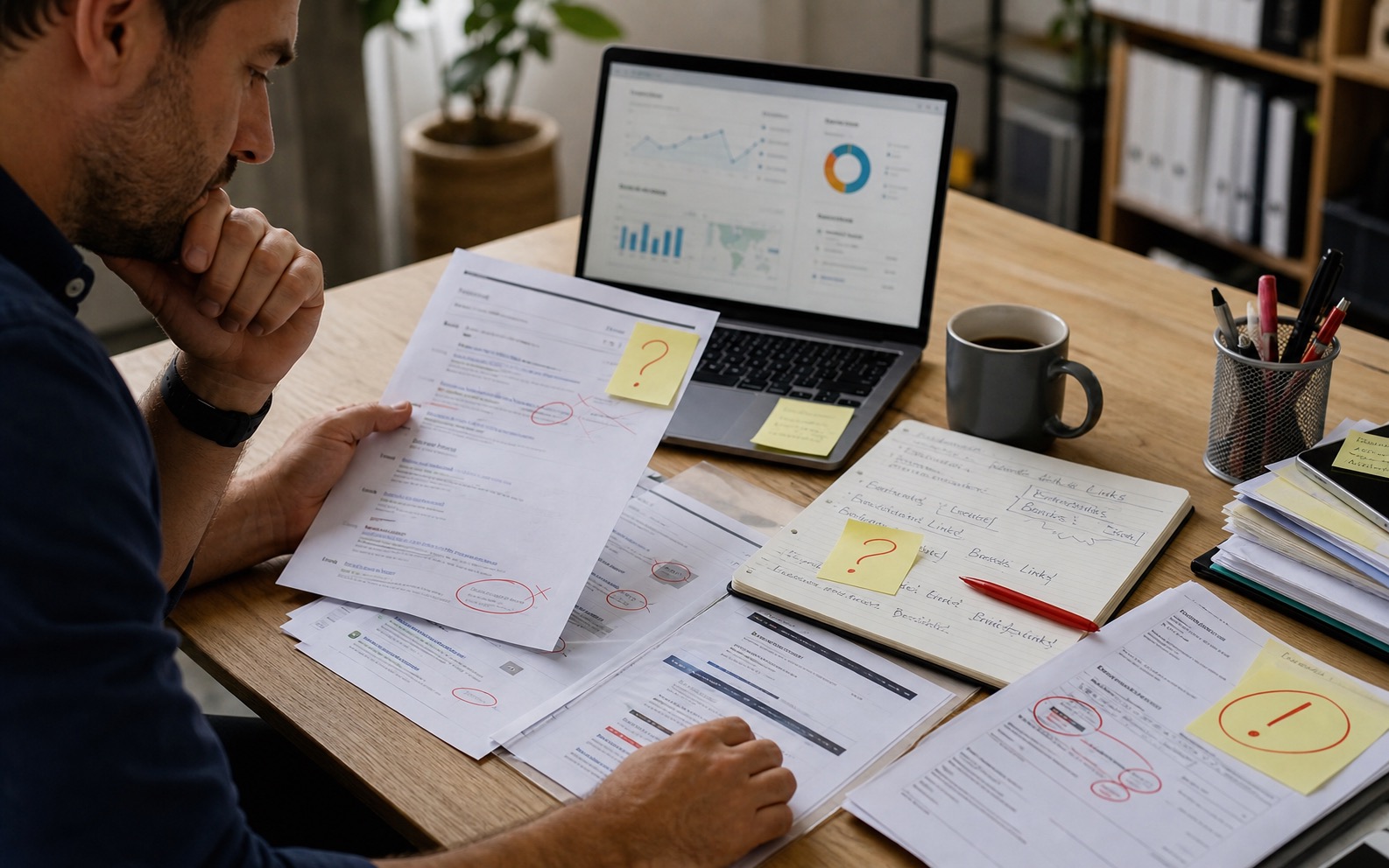 A business owner reviewing a suspicious SEO report beside link building notes, search result printouts and a warning-marked invoice