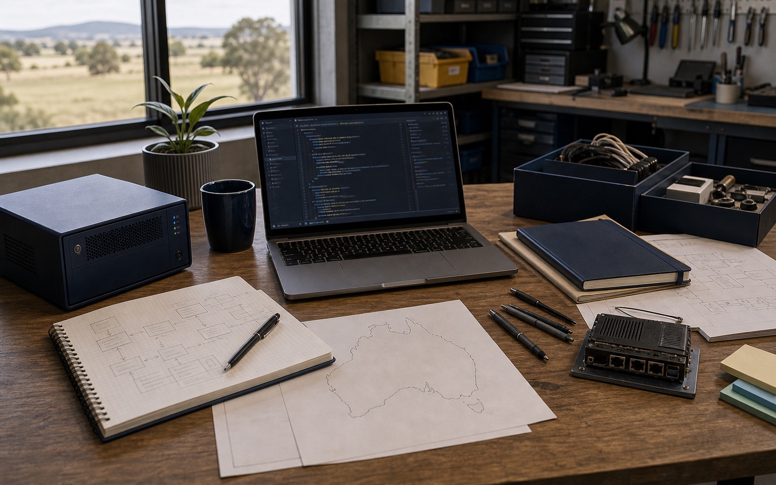 A regional engineering desk with architecture sketches, code notes and Toowoomba context