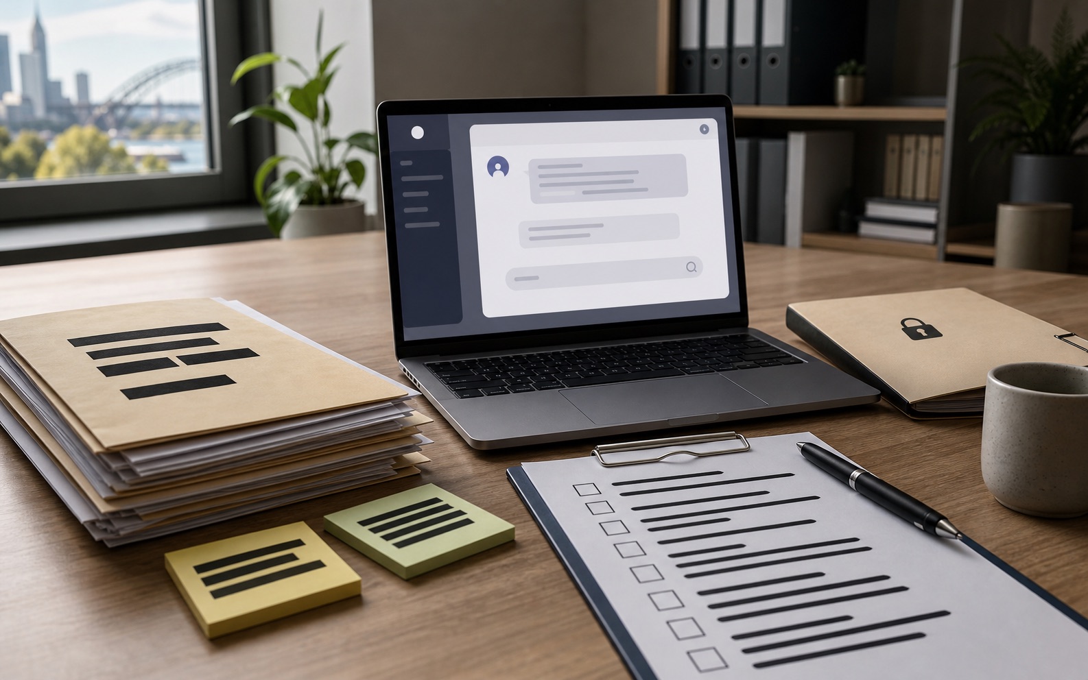 An Australian office desk with redacted client files, an AI assistant on a laptop and a privacy checklist