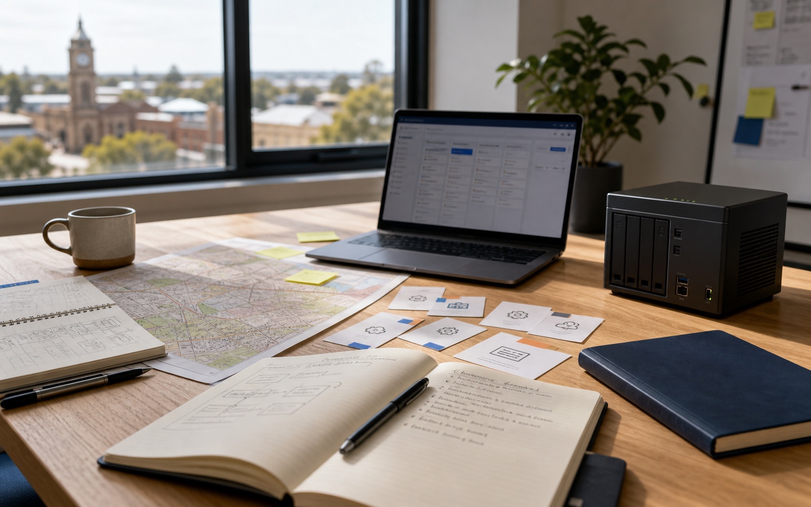 A Toowoomba office desk with local maps, business documents and an AI workstation arranged for planning