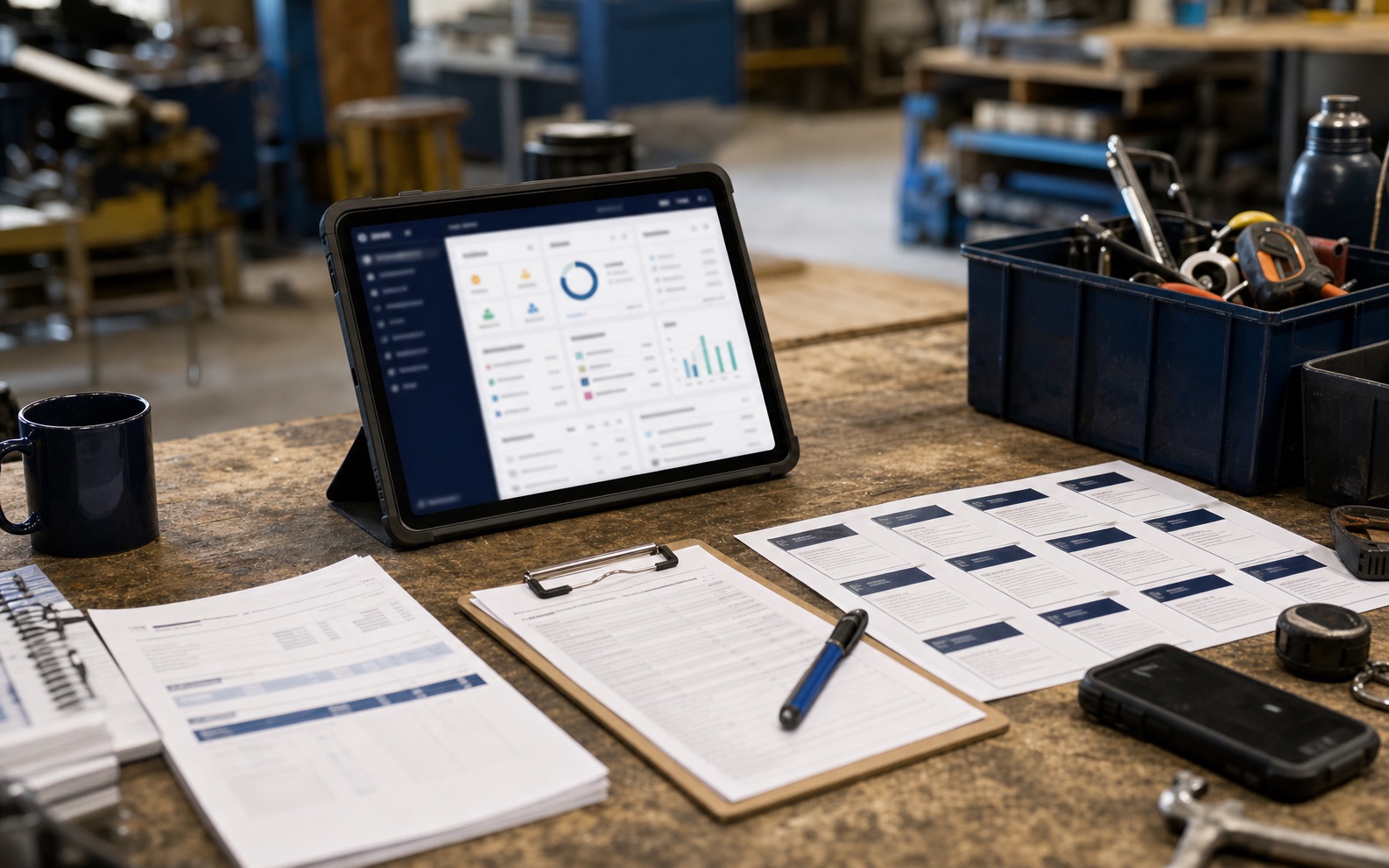 A regional operations desk with tablets, job sheets and a custom app dashboard for Toowoomba field work