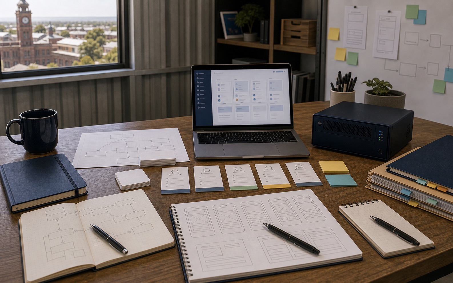 A startup workbench in Toowoomba with product sketches, prototype notes and AI evaluation results