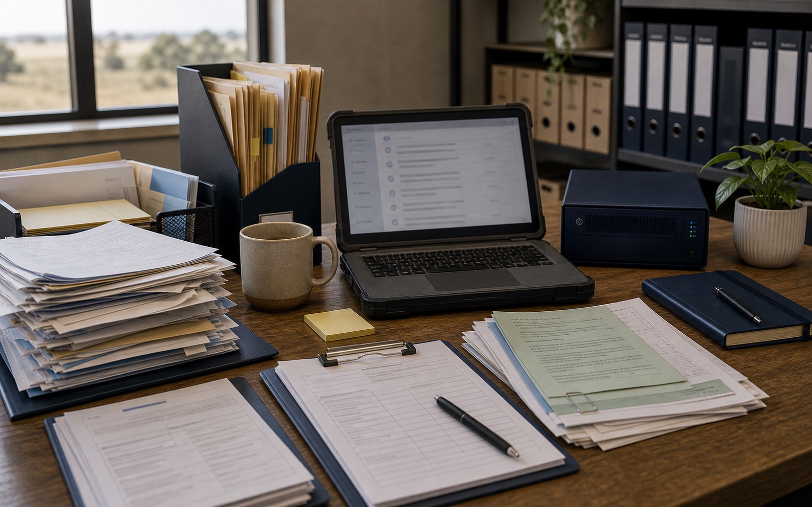Shared drive documents, folders and a local AI retrieval server on an office desk