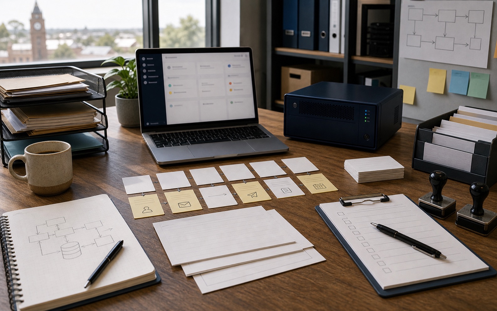A Toowoomba business operations desk with workflow notes, job cards and automation planning checklists