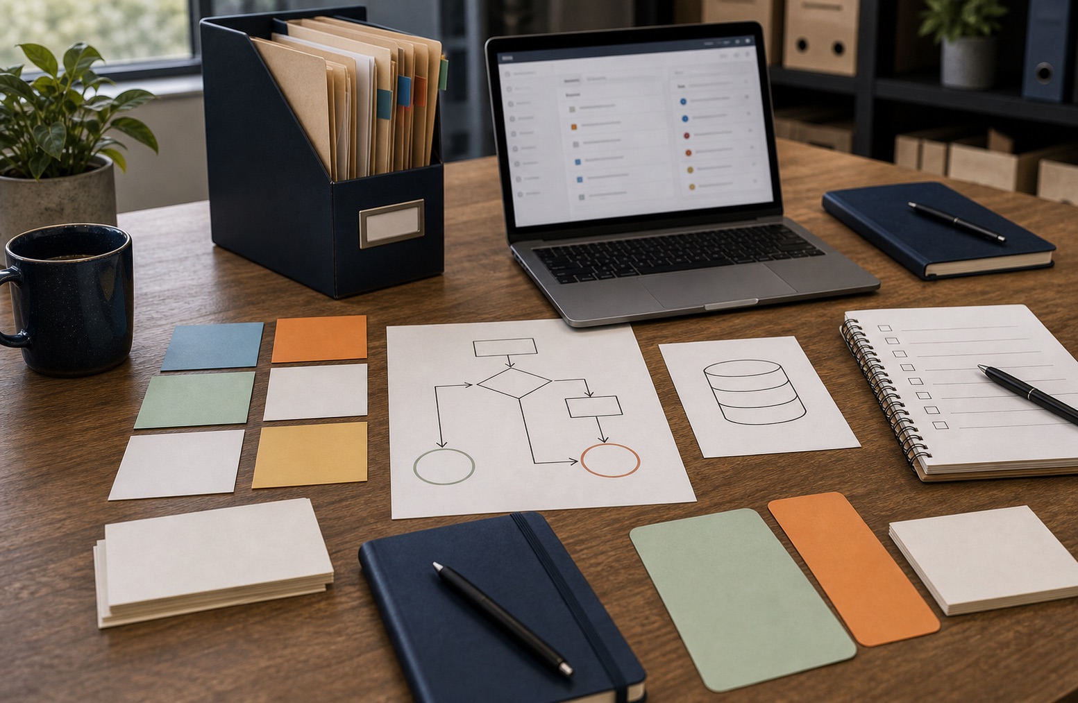 A decision table comparing AI, rules and databases on a plain business planning desk