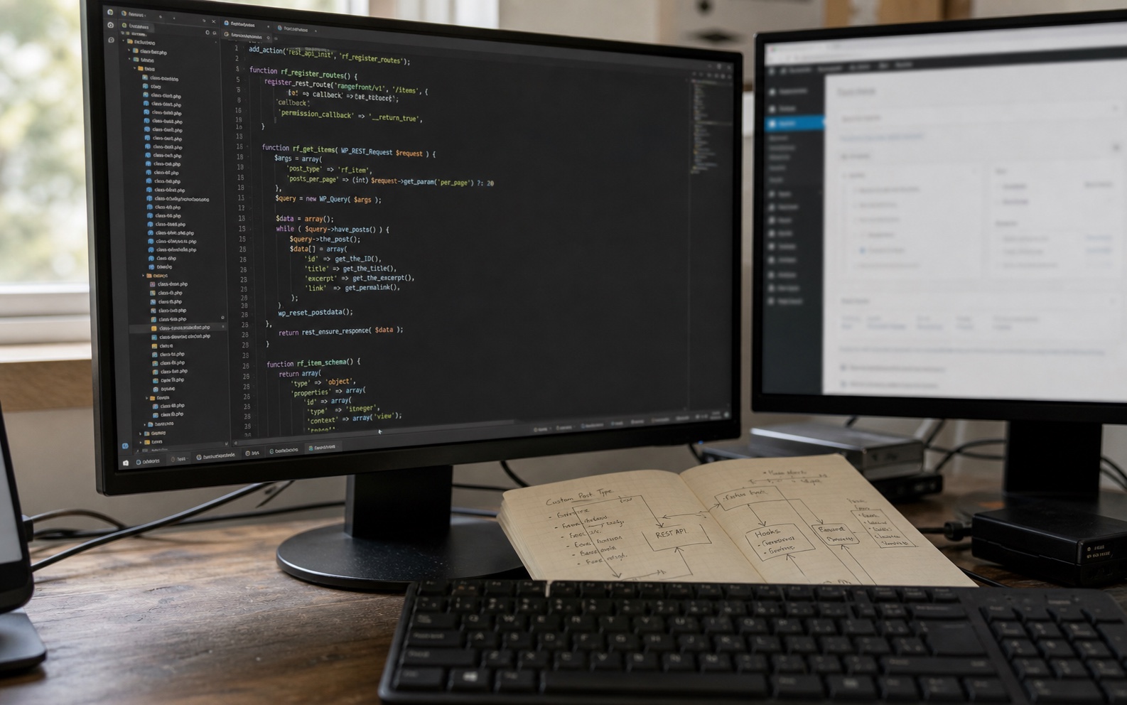 A developer working on WordPress PHP code with a blurred admin screen and system notes beside the keyboard