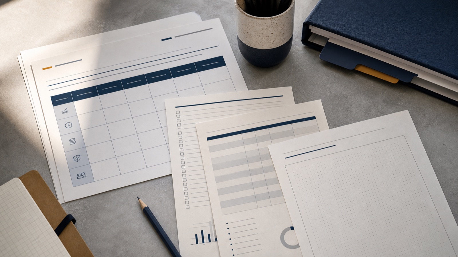 Printed technology worksheets, checklists and scoring matrices on a desk with Rangefront Labs colours