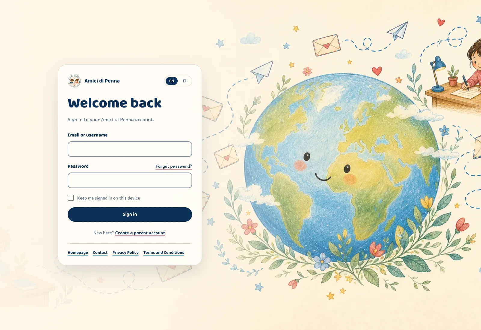 Amici di Penna parent sign-in screen with the bilingual account interface beside a hand-drawn globe and letters.