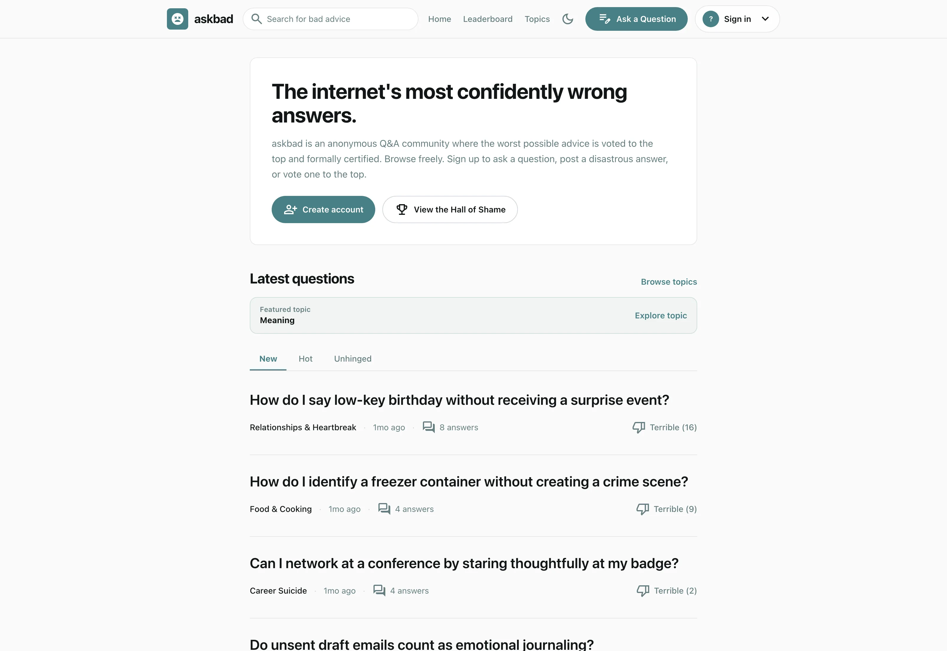 AskBad homepage headlined 'The internet's most confidently wrong answers', listing questions scored by Terrible votes.
