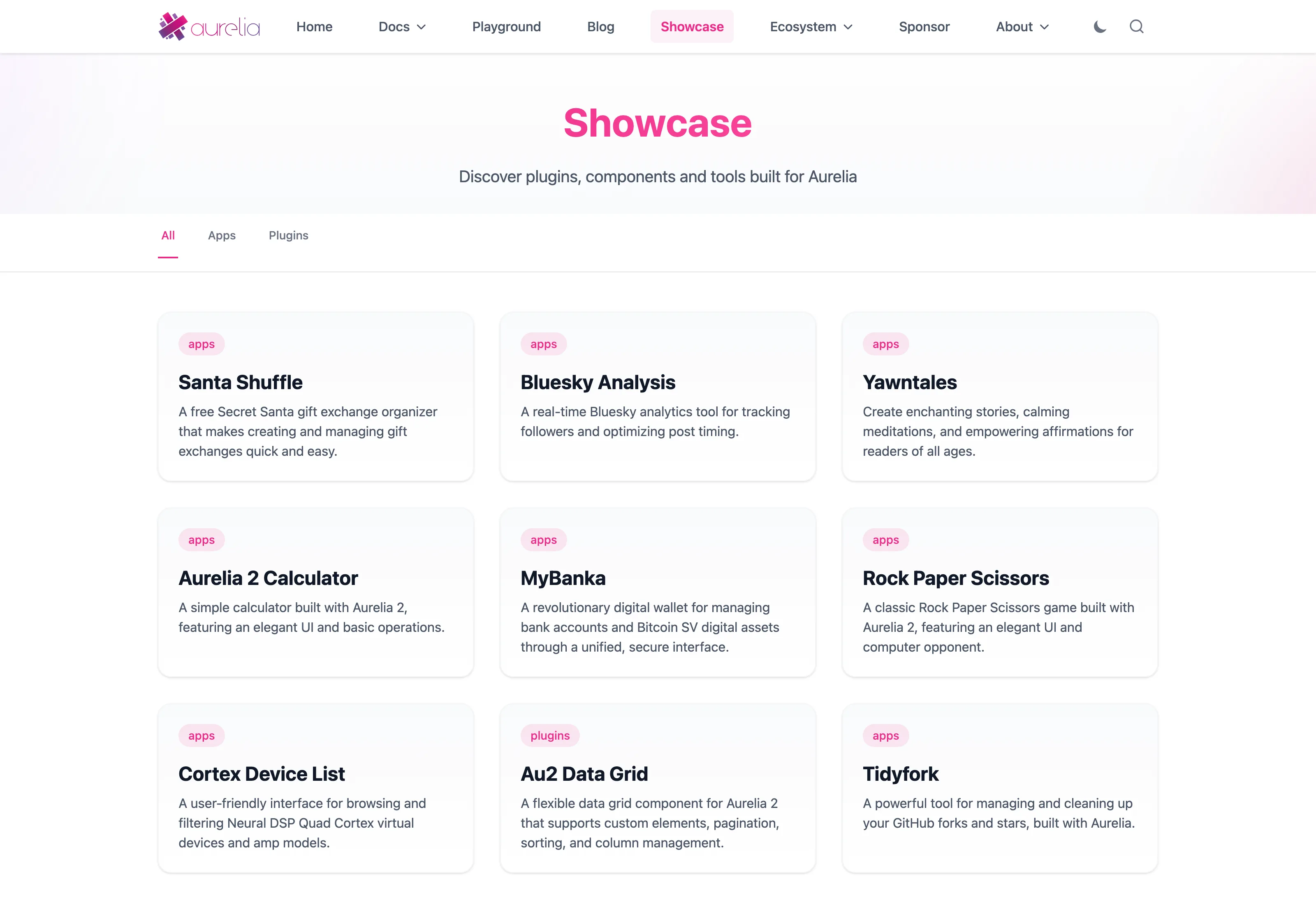 The Aurelia showcase page, a grid of apps and plugins built with the framework.