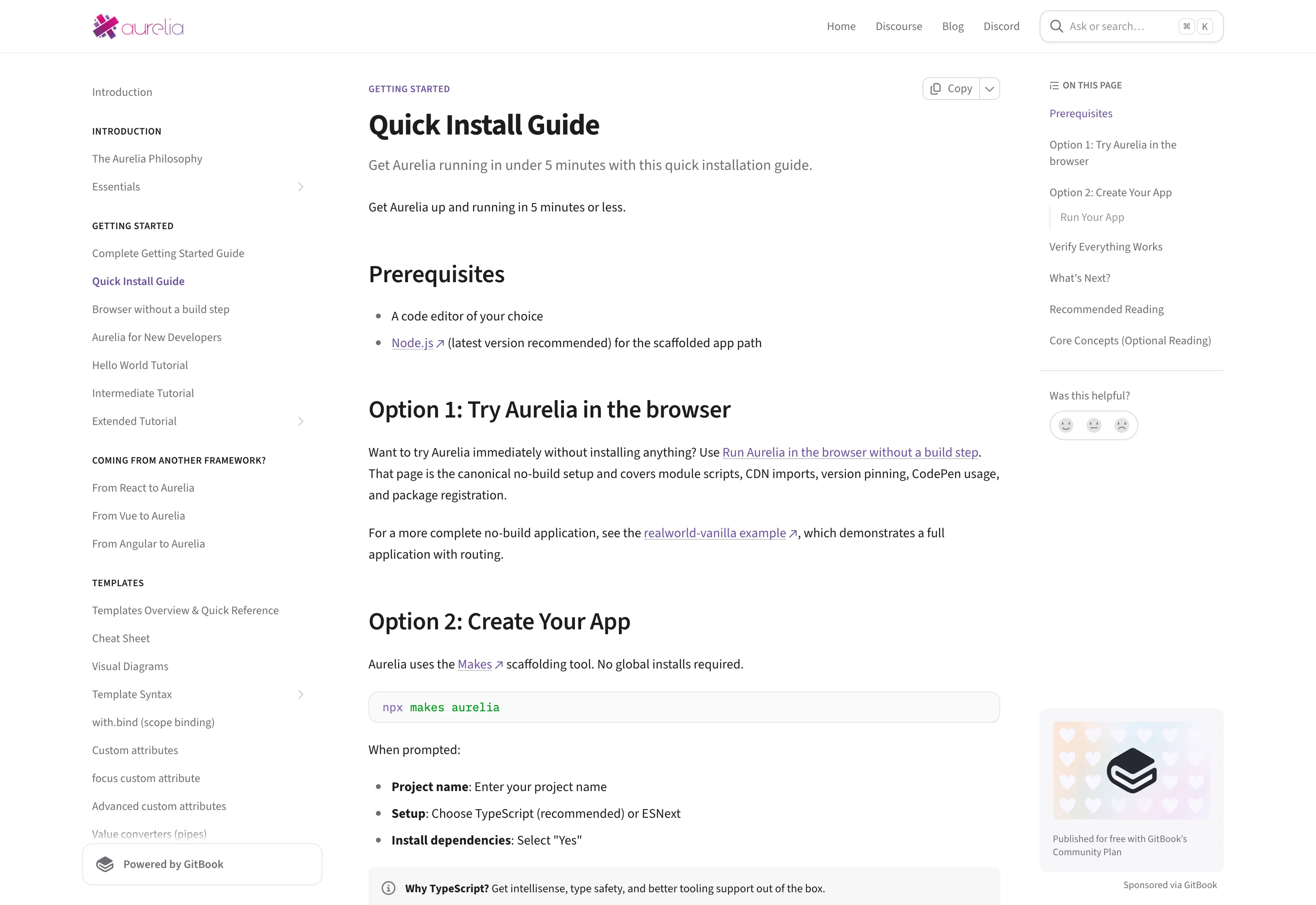 The Aurelia documentation showing the Quick Install Guide with a left-hand section nav and an on-this-page outline.