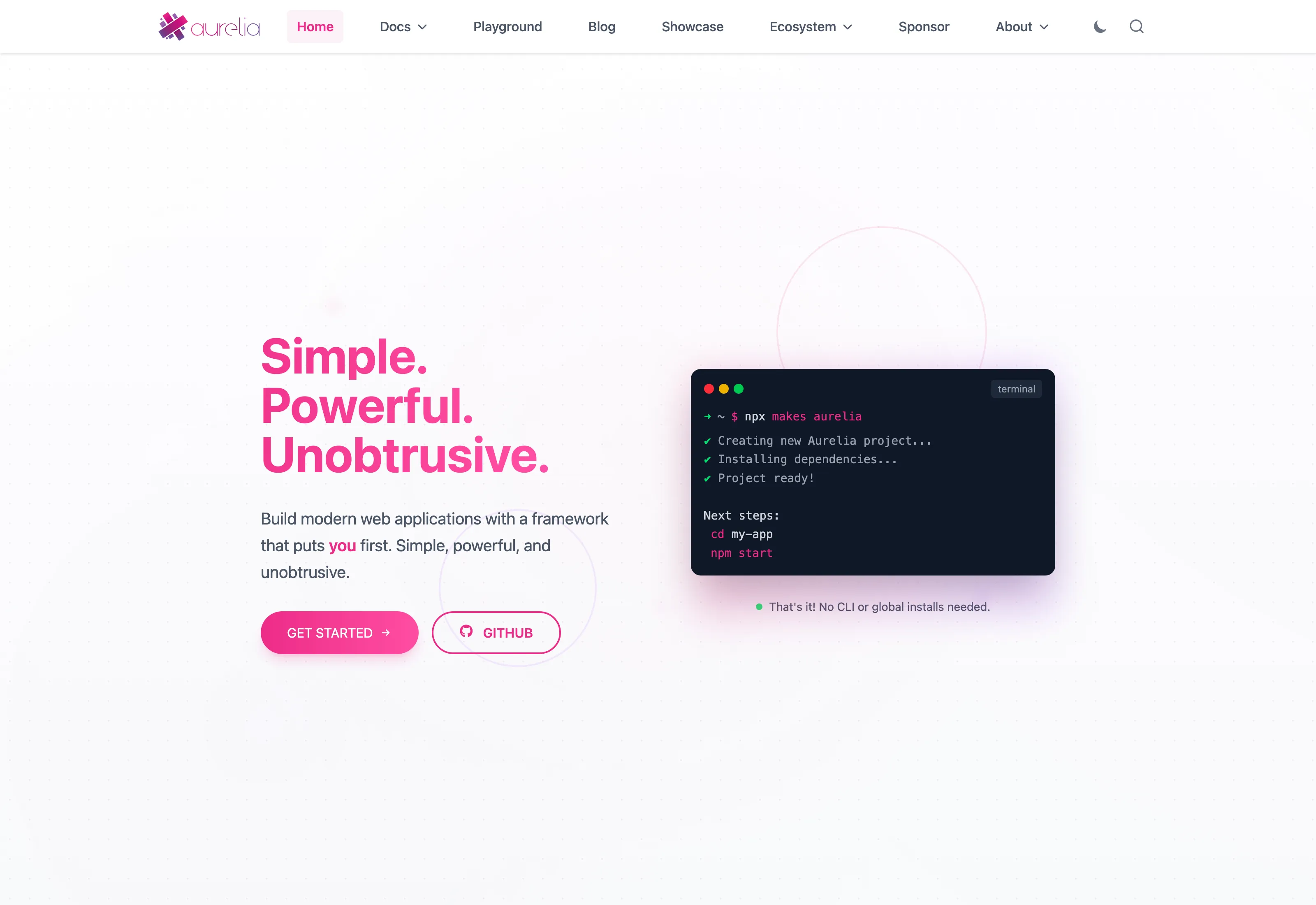 The Aurelia homepage with its three-word brand headline beside a terminal showing a new Aurelia project being created.