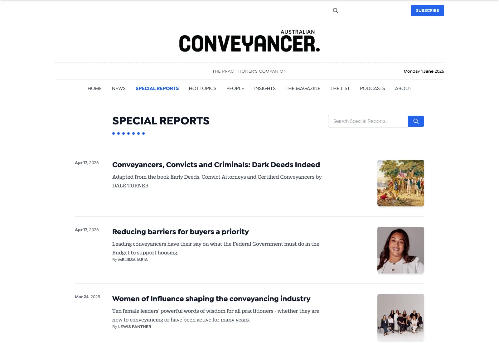 Australian Conveyancer special reports listing with article summaries and thumbnails.