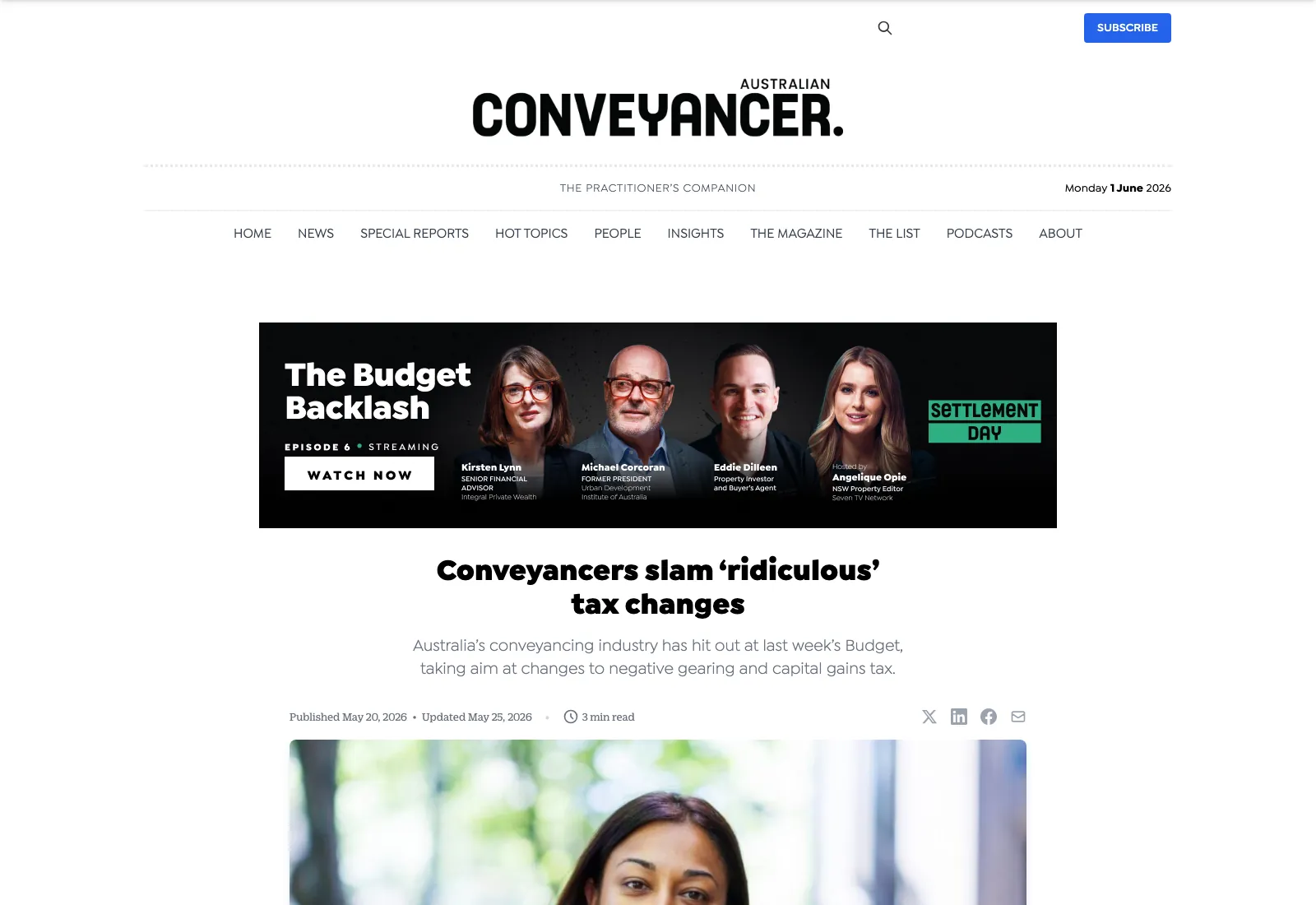 An Australian Conveyancer article page showing the reading layout, headline and byline.