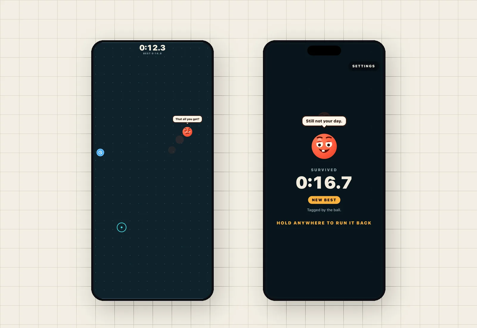 Ballistic gameplay with the timer running and the ball taunting the player, beside the game-over screen showing a new best time.