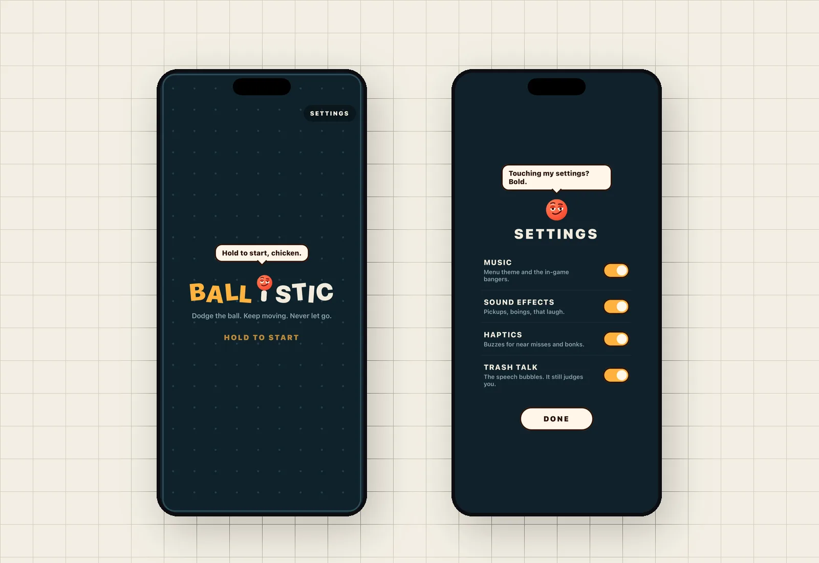 Ballistic title screen with the hold-to-start prompt, beside the settings screen with music, sound, haptics and trash-talk toggles.