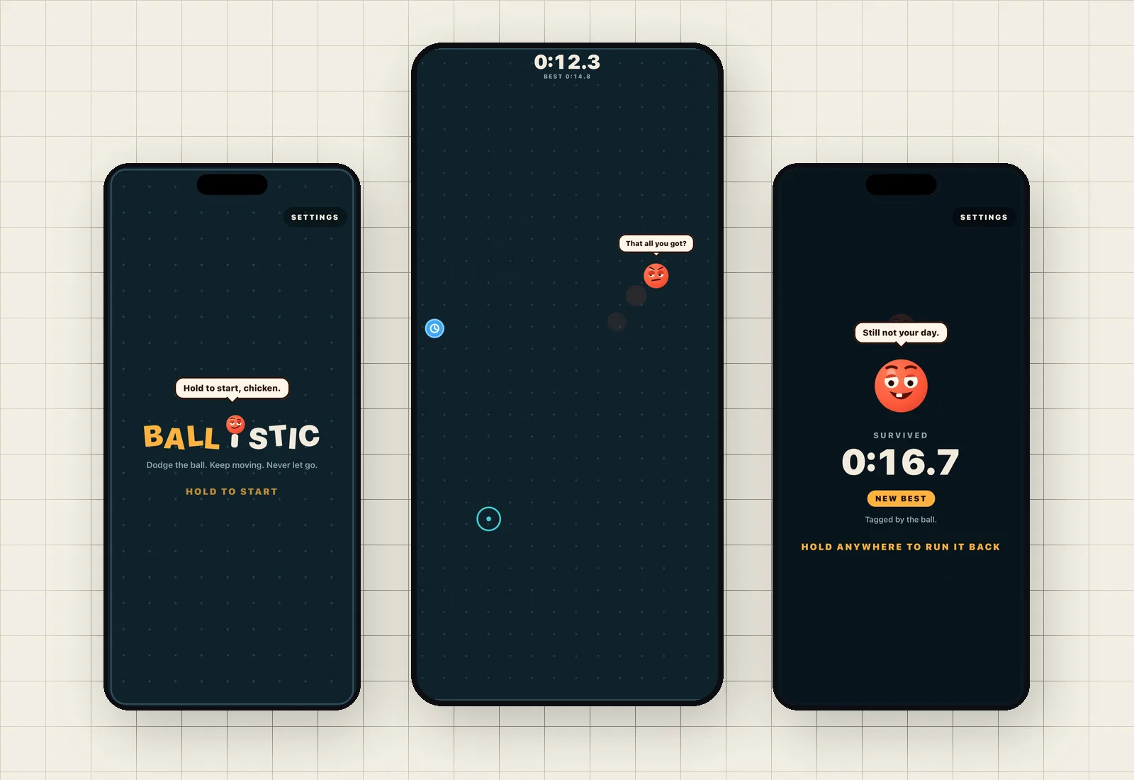 Ballistic mobile game screens showing the game-over best time, the title screen and live gameplay dodging the ball.