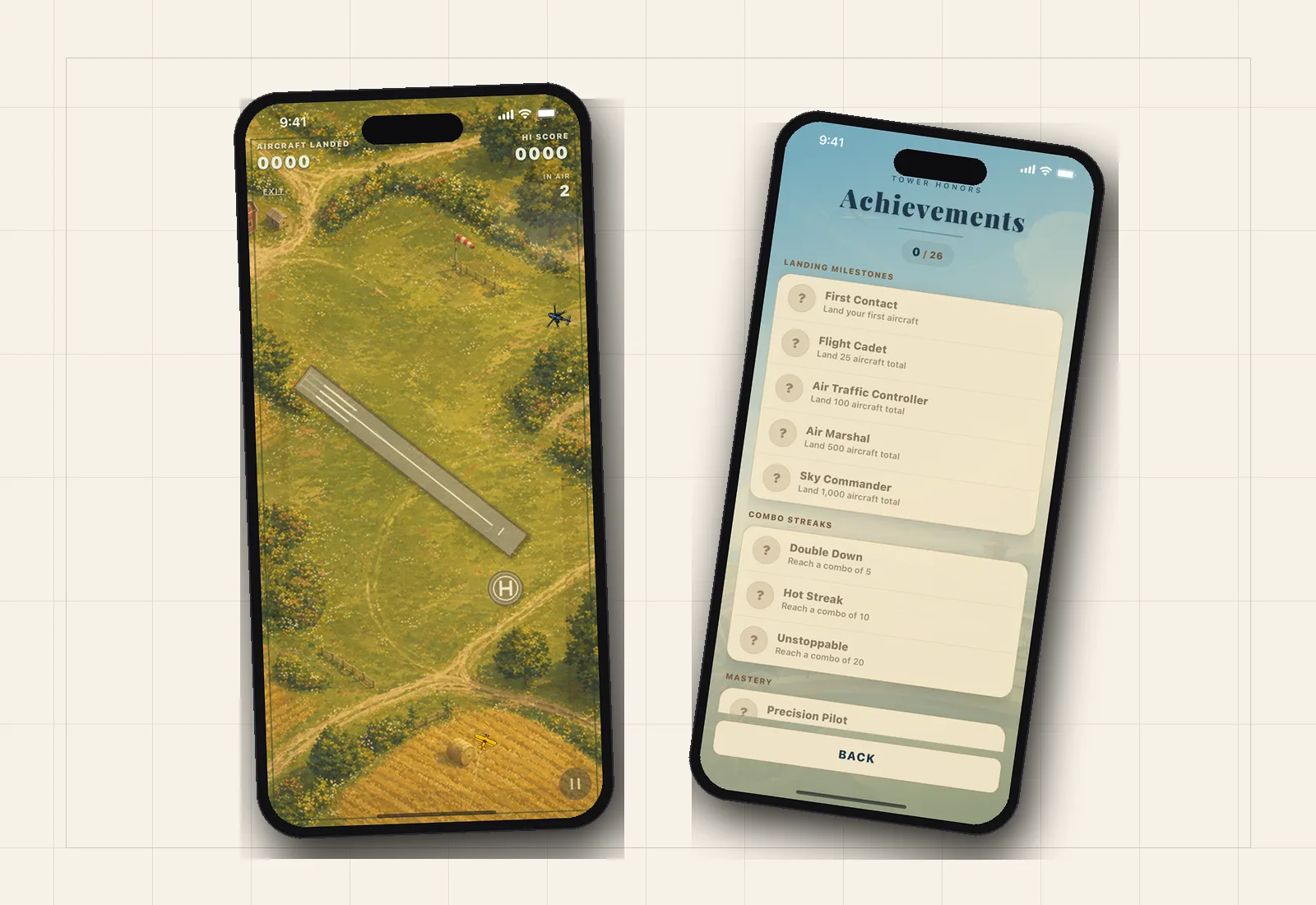 Cleared to Land gameplay screen with an aircraft on approach to a hand-painted airfield, beside the achievements list.