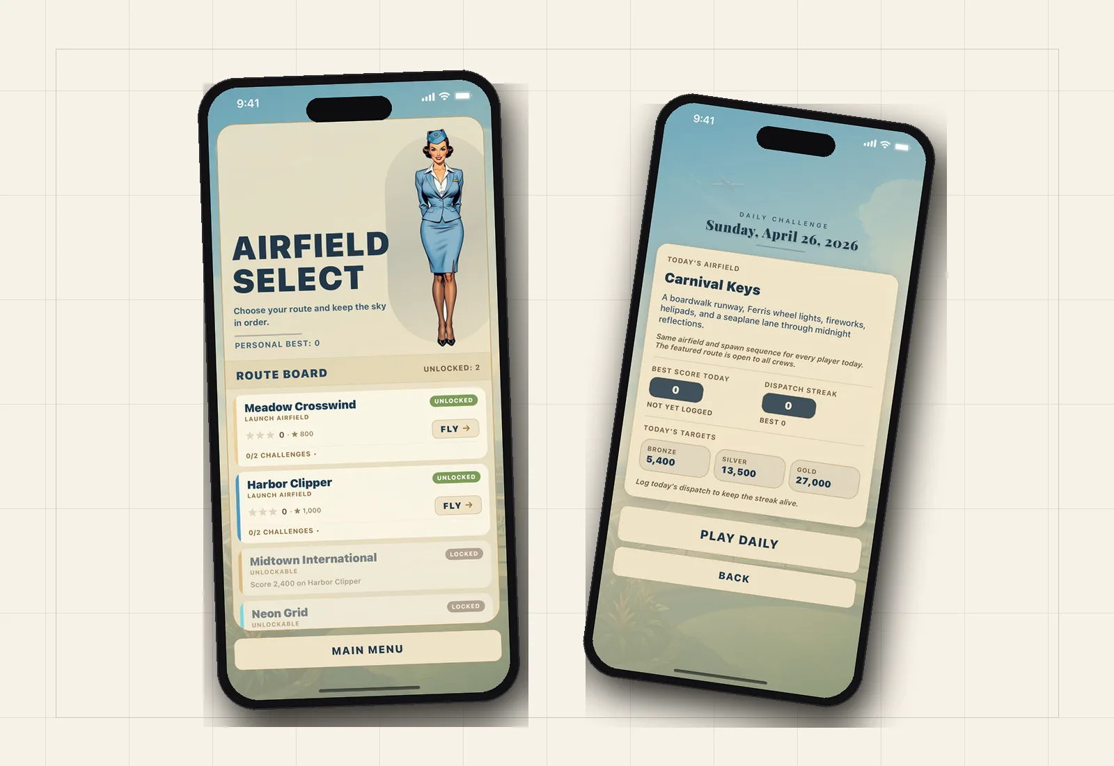 Cleared to Land airfield select and daily challenge screens in the 1950s travel-poster style.
