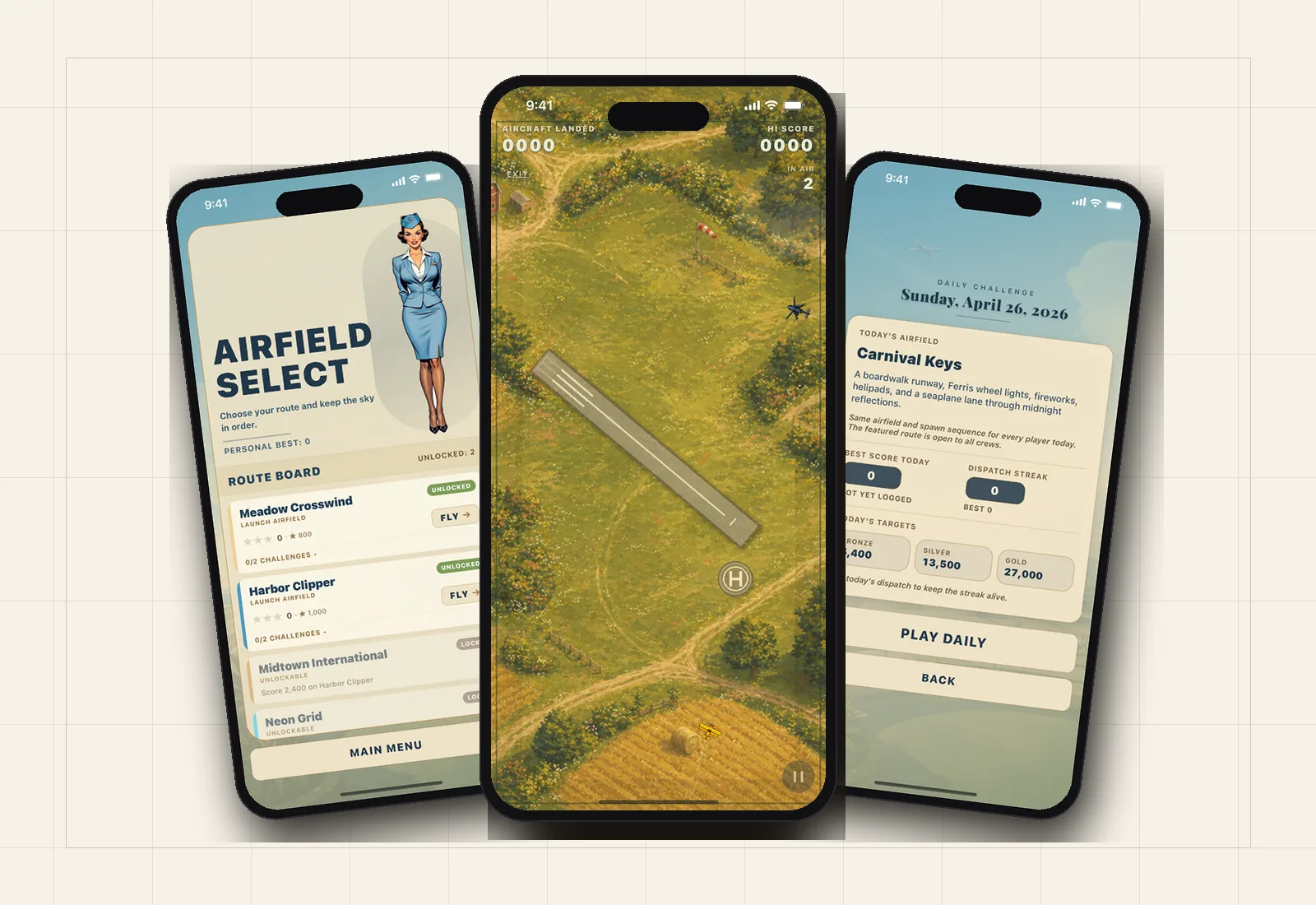 Cleared to Land mobile game screens showing airfield select, the landing playfield and the daily challenge.