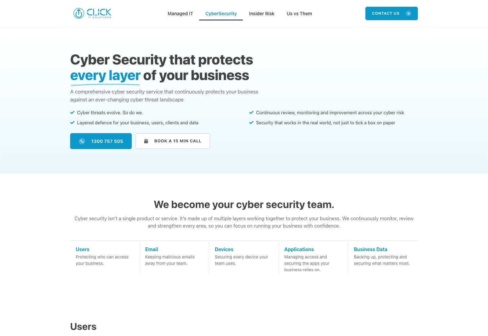 The Click IT Solutions cyber security page with a clear service hierarchy, layered security explanation and direct contact actions.